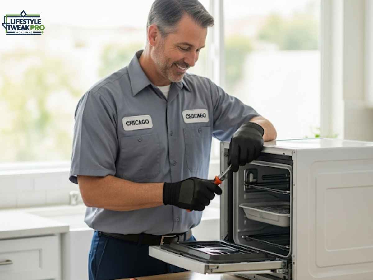 Technician servicing Chicago home appliance in a Los Angeles kitchen