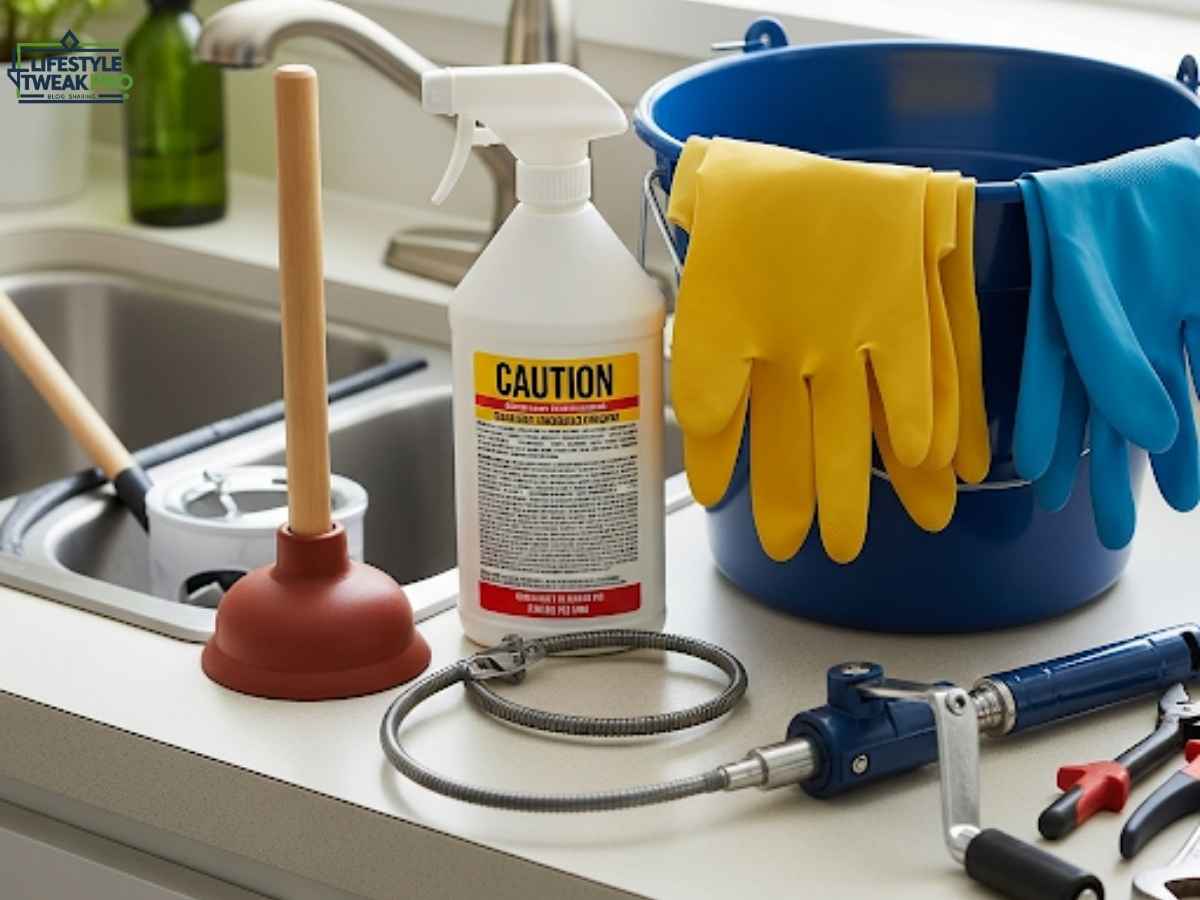 DIY drain cleaning tools and supplies for Los Angeles homeowners in a kitchen sink scene