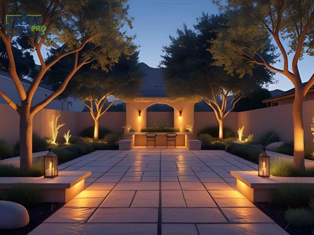 Warm uplighting showcases trees and stone patio in a Los Angeles Fresno County-inspired yard