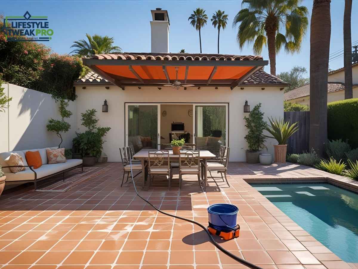Fresno-style patio tile cleaning with terracotta tiles in Los Angeles backyard