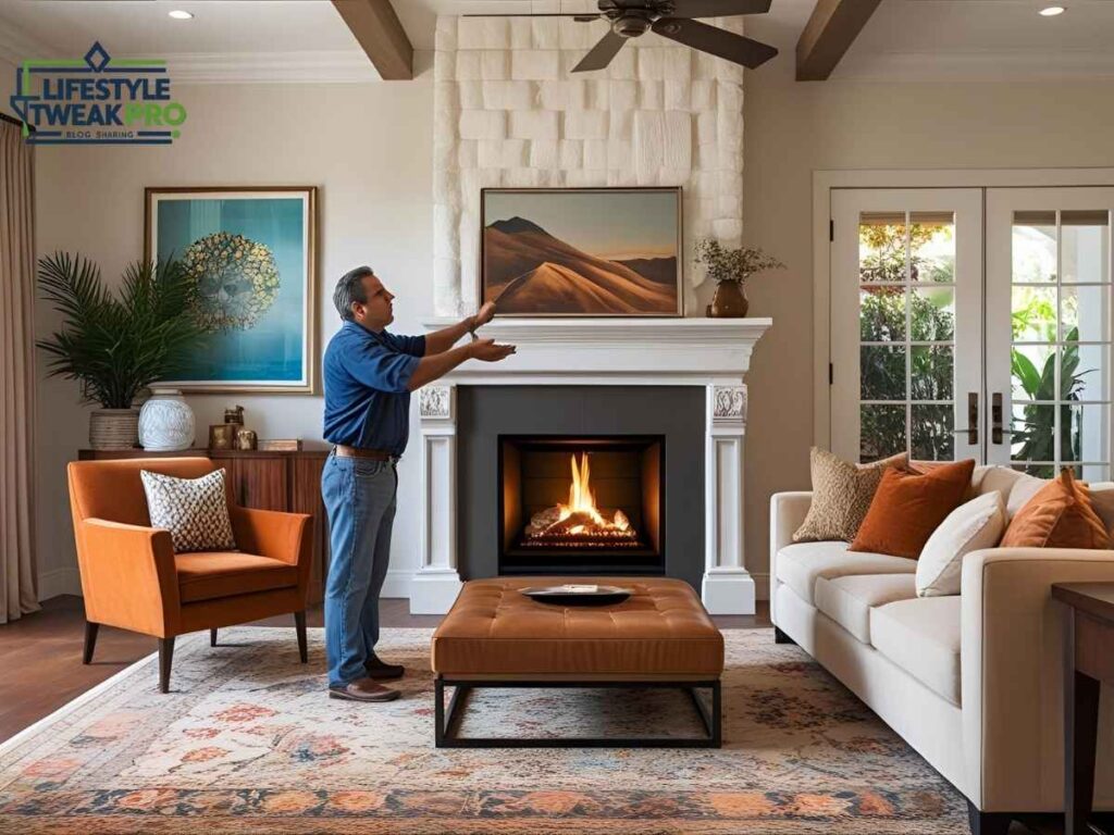 Certified inspector checking chimney during Portola fireplace inspection in Los Angeles