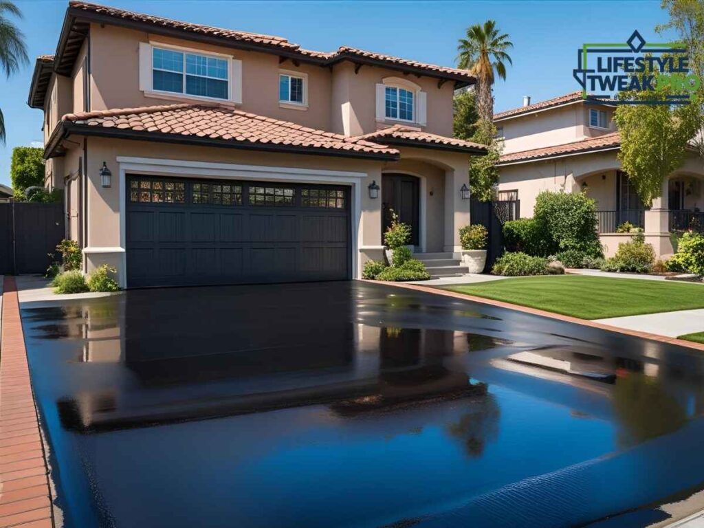 Freshly sealed Clovis driveway under summer heat in Los Angeles neighborhood