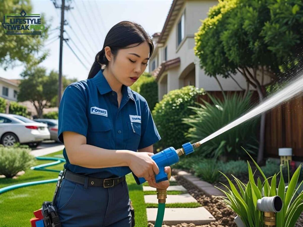 Technician blowing out Fowler sprinkler system pipes in Los Angeles neighborhood garden
