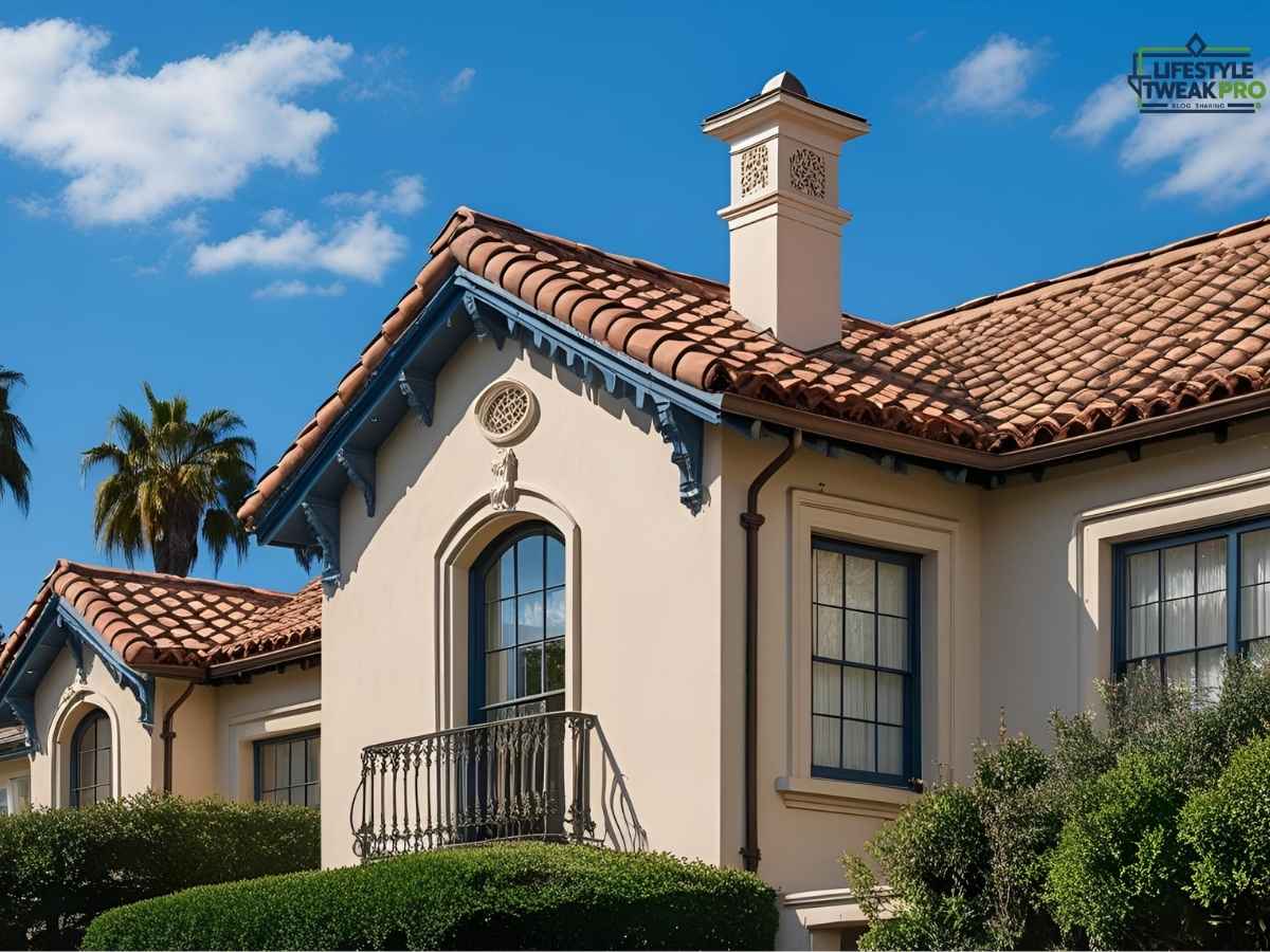 Spanish-tile roof detail on a historic Los Angeles home under blue sky