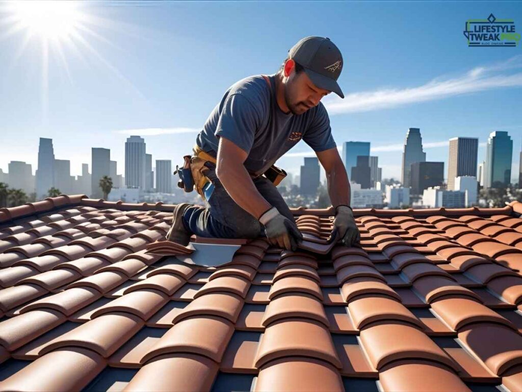 San Diego Roofer Selection Guide for Spanish-Tile Homes in Los Angeles 2 Expert roofer installing Spanish tiles on a Los Angeles house for durability and style
